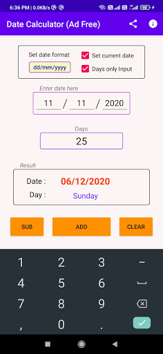 Date Calculator Add Sub days from date ad free