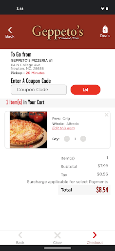 Screenshot of Geppeto's Pizza