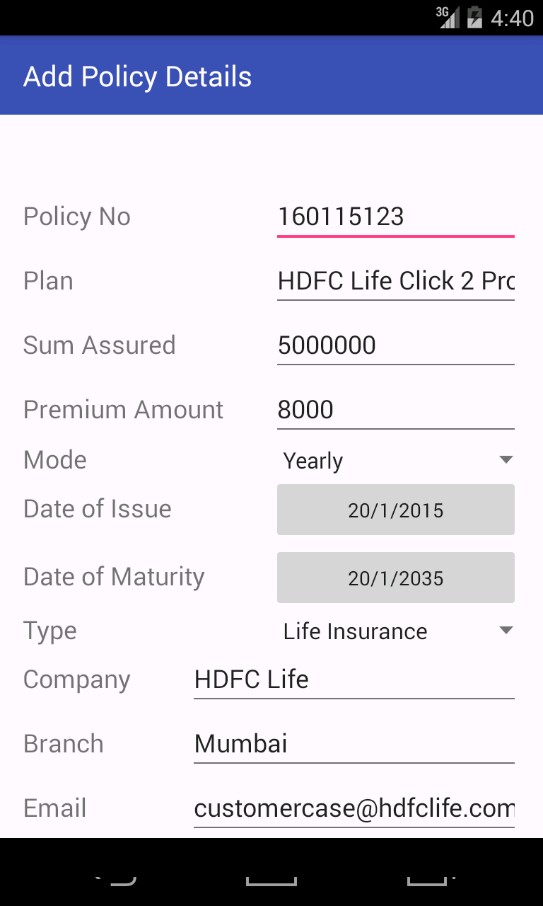 Android application Insurance Calculator n Policy screenshort
