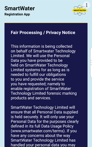 SmartWater Scheme Registration Screen 2