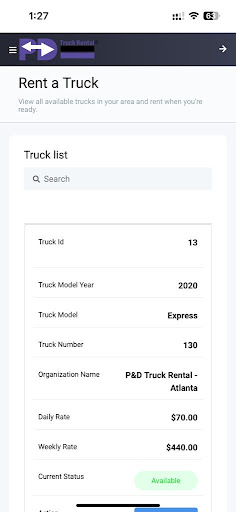 Android application PD Truck Rental screenshort