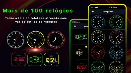Aplicativo de relógio. aplicativo de telefone com alarme digital.  interfaces de usuário futuristas de widget de relógio para celular