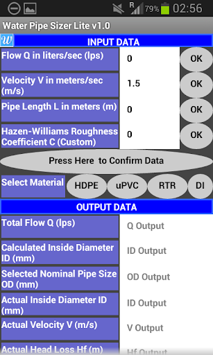 Android application Water Pipe Size Calculator Lt screenshort