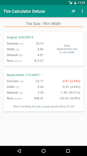 Android application Tire Calculator Deluxe screenshort