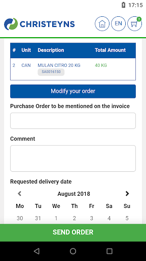 Christeyns Order App Screen 3