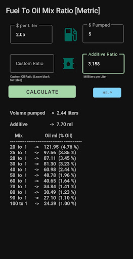 Fuel to Oil Mix Calculator Screen 2