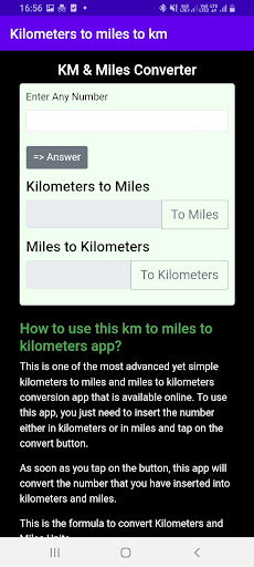 Kilometers to miles to km Screen 2