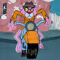 Pink panther driving motobike