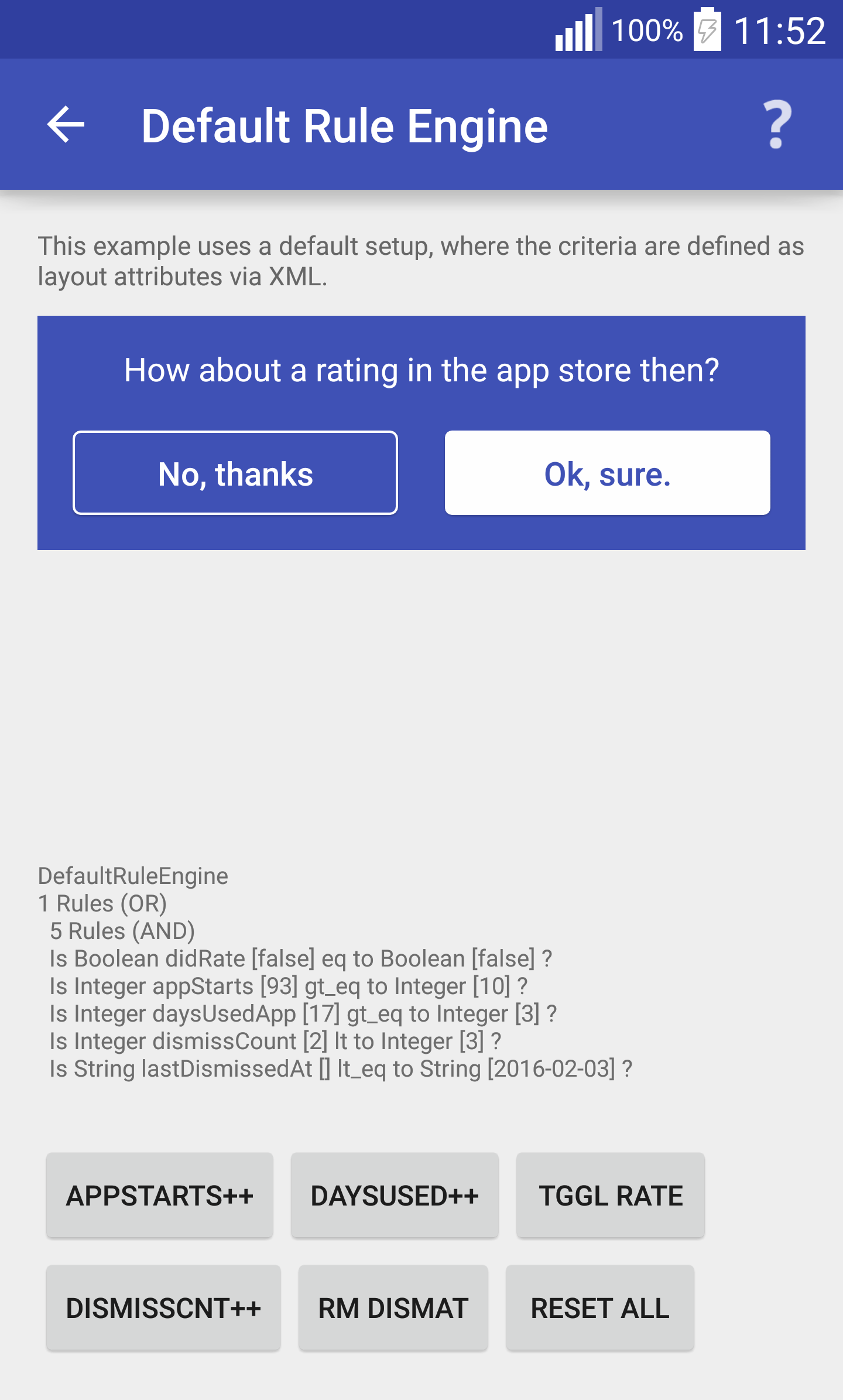 Android application Integrated Rating Request Demo screenshort