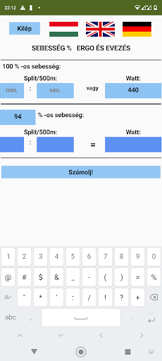 Ergometer speed % calculator Screen 3
