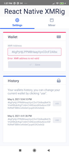 React Native XMRig Screen 2
