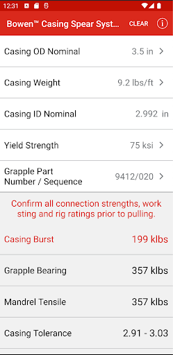 Bowen Casing Spear Calculator Screen 2