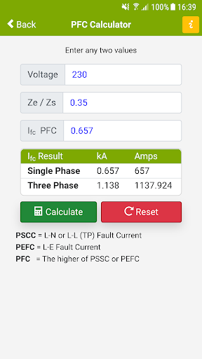 Fault Current Calculator PFC Screen 2