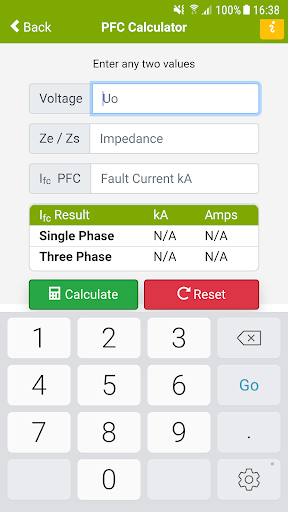 Android application Fault Current Calculator PFC screenshort