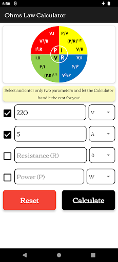 Ohms Law Calculator - Ω,V,A,W Screen 2