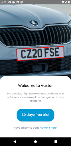 Android application Vaxtor ALPR screenshort
