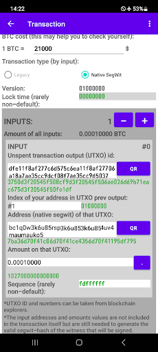 Android application BTC secp256k1 sign offline screenshort