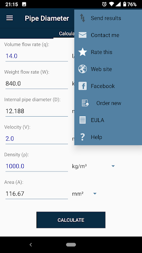 Pipe Diameter Calculator Screen 3
