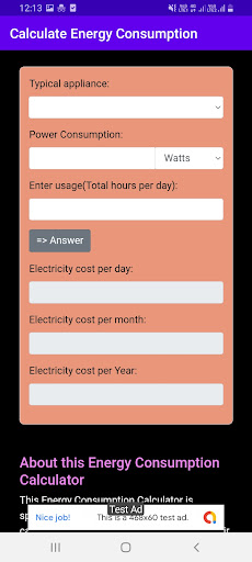 Energy Consumption Calculator Screen 2