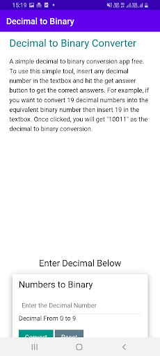 Android application Decimal to Binary screenshort
