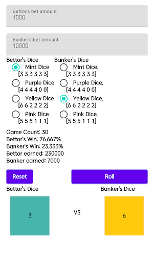 Efrons Dice simulator Screen 2