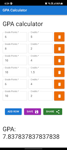 CGPA and SGPA Calculator Screen 2