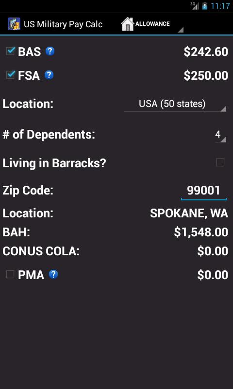 Android application US Military Pay Calc screenshort