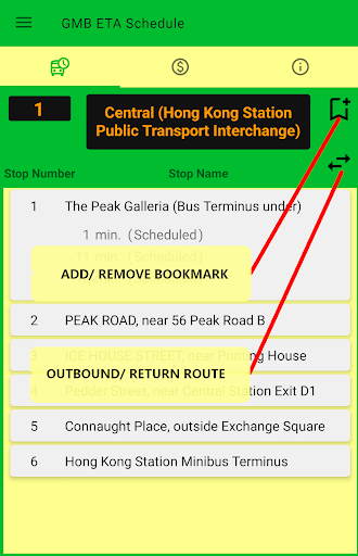 Green Minibus ETA Schedules Screen 2