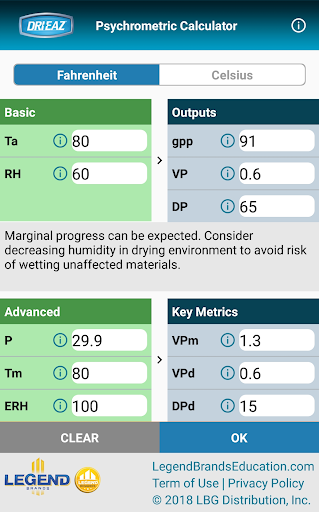 Android application Dri-Eaz Psychrometric Calc. screenshort