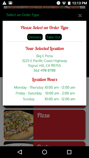 Android application Big E Pizza screenshort