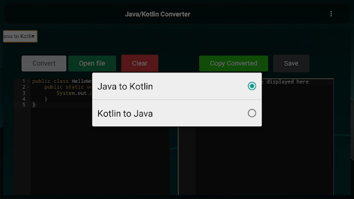Screenshot of Kotlin/Java Converter