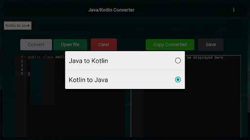 Screenshot of Kotlin/Java Converter