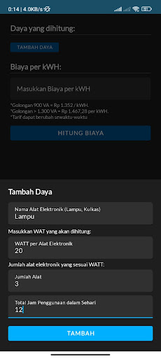 Hitung kWH | Kalkulator Watt Screen 2