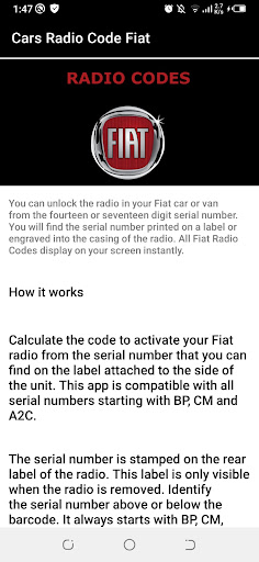 Radio Code Fiat - Instant Show Screen 2