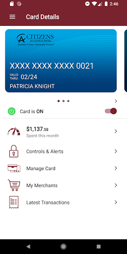 Android application Citizens Alliance Bank Card screenshort