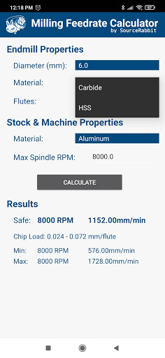 Milling Feedrate Calculator Screen 3