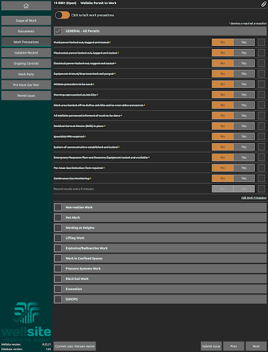 Wellsite Permit to Work Screen 3