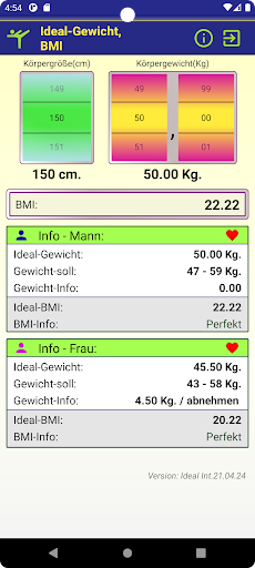 Android application Ideal Kilo, BMI screenshort