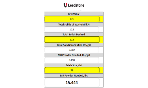 Milk Solids Calculator Screen 2