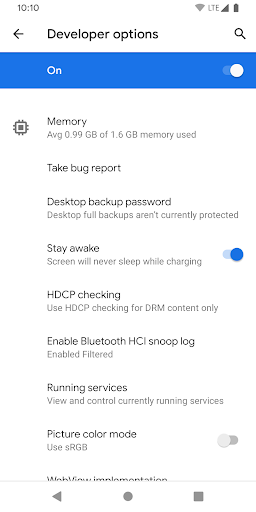 Screenshot of Developer Options Shortcut