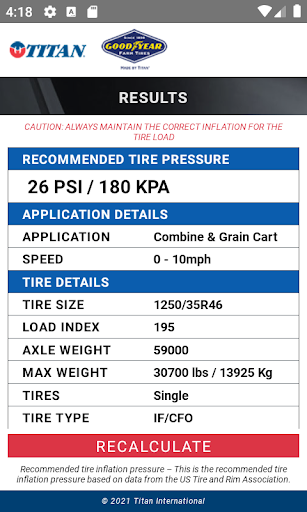 Tire Pressure Calculator Screen 3