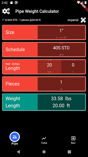 Android application Stainless Steel Weight Calc screenshort