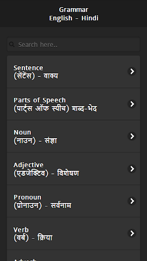 Android application English Grammar in Hindi screenshort