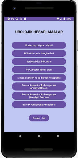 Android application ürolojik hesaplamalar screenshort