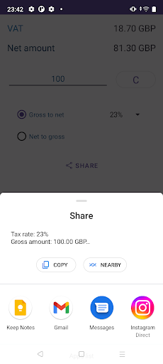 Calculator VAT gross nett Screen 3