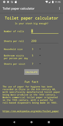 Toilet paper calculator Screen 2