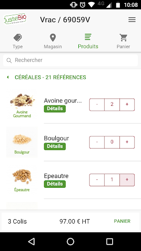 Android application Juste Bio (application interne screenshort