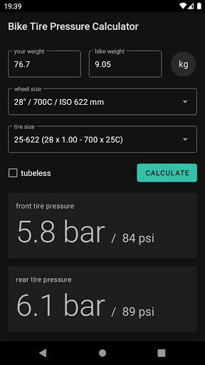 Android application Bike Tire Pressure Calculator screenshort