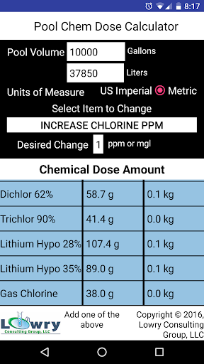 Pool Chem Dose Calculator