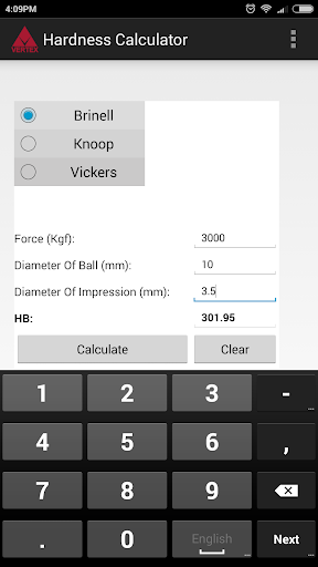 Hardness Calculator Screen 2